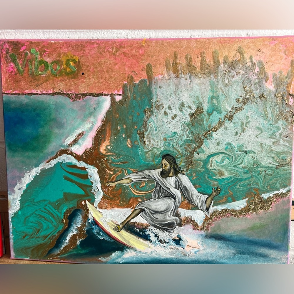 Colorful Surfing Jesus Mixed Media Original Art on Canvas in Resin